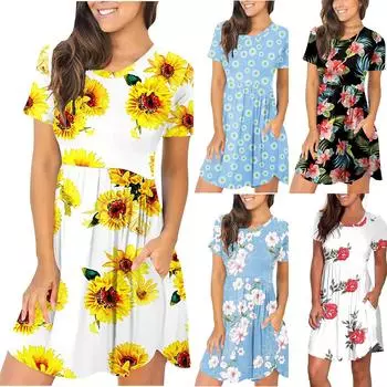 Модное женское летнее плиссированное карманное платье с круглым вырезом и принтом, короткий рукав XXL чёрный