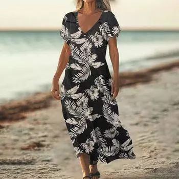 Модное женское летнее пляжное платье с V-образным вырезом и коротким рукавом с цветочным принтом M