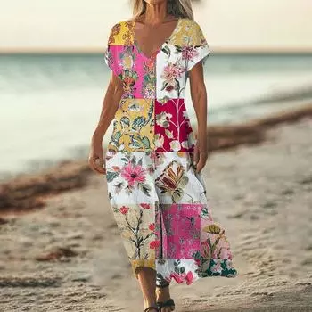 Модное женское летнее пляжное платье с V-образным вырезом и коротким рукавом из хлопка и льна с винтажным цветочным принтом XL розовый