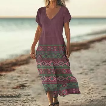 Модное женское летнее пляжное платье с V-образным вырезом и коротким рукавом из хлопка и льна с винтажным цветочным принтом S коричневый