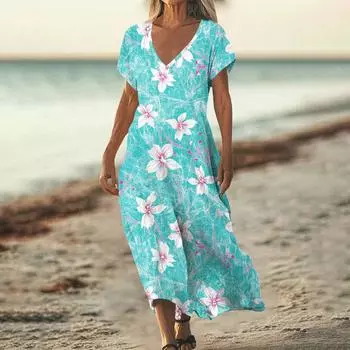 Модное женское летнее пляжное платье с V-образным вырезом и коротким рукавом из хлопка и льна с винтажным цветочным принтом S