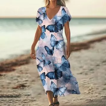 Модное женское летнее пляжное платье с V-образным вырезом и коротким рукавом из хлопка и льна с винтажным цветочным принтом XXL