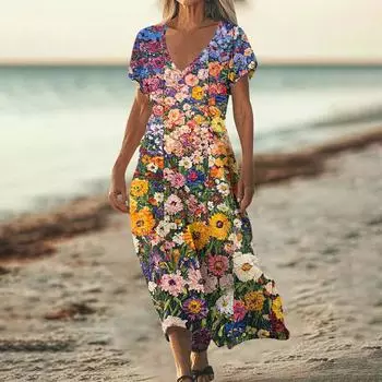 Модное женское летнее пляжное платье с V-образным вырезом и коротким рукавом из хлопка и льна с винтажным цветочным принтом M красный