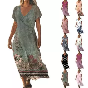 Модное женское летнее пляжное платье с V-образным вырезом и коротким рукавом с винтажным цветочным принтом S красный