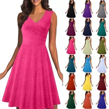 Модное женское летнее повседневное элегантное платье средней длины без рукавов с v-образным вырезом XXXL белый