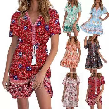 Модное женское летнее повседневное мини-платье с v-образным вырезом и короткими рукавами с принтом XXL красный
