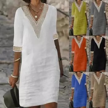 Модное женское летнее повседневное однотонное платье с v-образным вырезом и коротким рукавом
