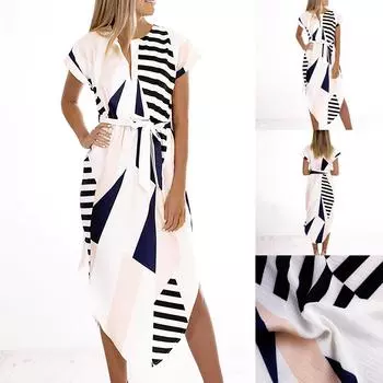 Модное женское летнее повседневное платье на шнуровке с коротким рукавом и геометрическим принтом L белый