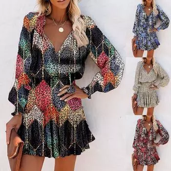 Модное женское летнее повседневное платье с длинным рукавом и эластичным поясом с V-образным вырезом и принтом L чёрный