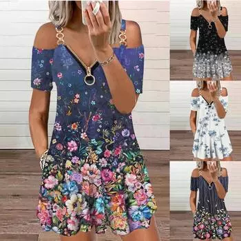 Модное женское летнее повседневное платье с короткими рукавами и v-образным вырезом с принтом L чёрный