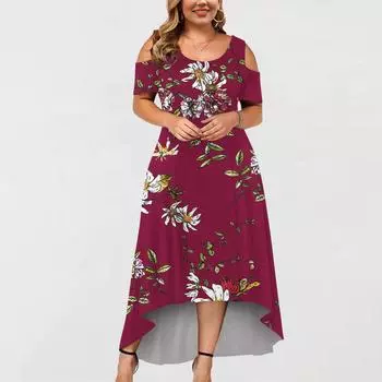 Модное женское летнее сексуальное платье больших размеров с круглым вырезом и принтом на плечах и короткими рукавами XXXL