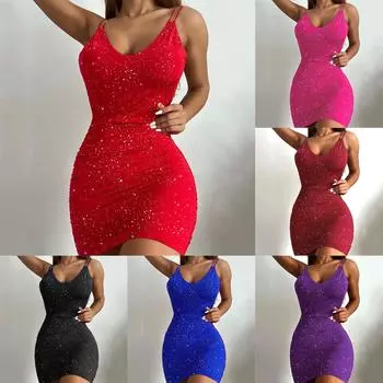 Модное женское летнее сексуальное платье с открытой спиной, однотонное платье с блестками на бедрах, платье на подтяжках L чёрный