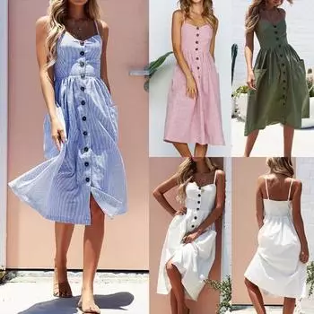 Модное женское летнее вечернее платье на пуговицах с бретельками и карманами L армия зеленый