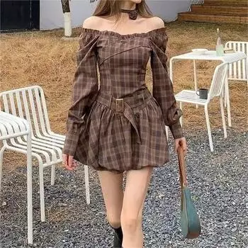 Модное женское мини-платье в клетку с квадратным вырезом, элегантное платье трапециевидной формы с длинным рукавом, новое весеннее короткое платье с разрезом на шее S коричневый