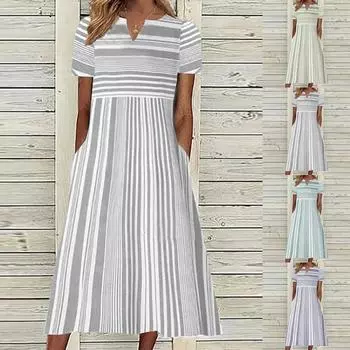 Модное женское нерегулярное полосатое платье с v-образным вырезом и коротким рукавом с карманом и разрезом L зелёный