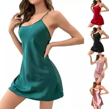Модное женское новое летнее стильное платье на подтяжках, шелковая ночная рубашка из ледяного шелка, имитация шелка, сексуальное платье с открытой спиной на подтяжках L чёрный