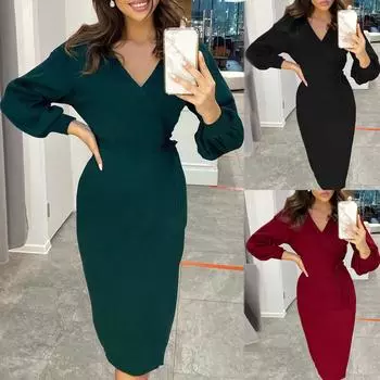 Модное женское однотонное элегантное платье с поясом, тонкое однотонное платье с длинными рукавами, длинная юбка L чёрный