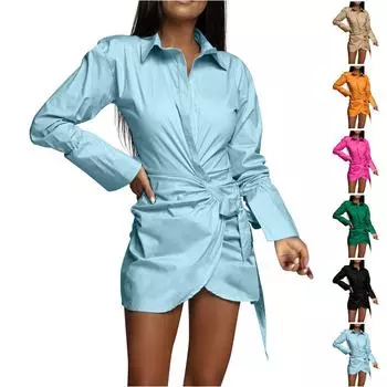 Модное женское однотонное платье-рубашка с длинными рукавами и v-образным вырезом L чёрный