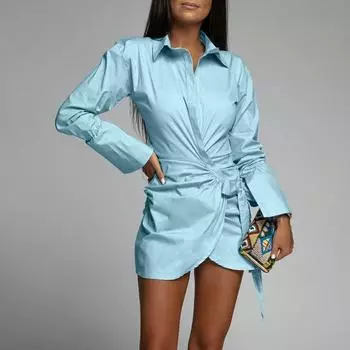 Модное женское однотонное платье-рубашка с длинными рукавами и v-образным вырезом L синий