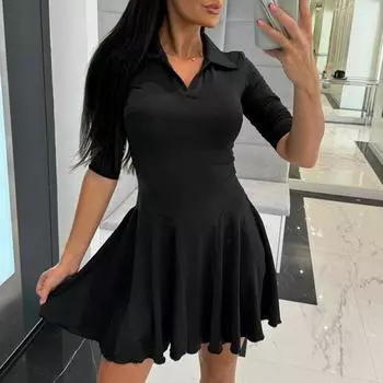 МОДНОЕ женское однотонное платье-рубашка с отложным воротником, женское универсальное платье с длинными рукавами и складками, элегантное мини-платье на зиму и осень S серый