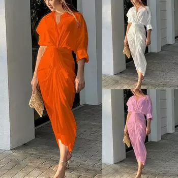 Модное женское однотонное платье-рубашка средней длины с длинным рукавом L розовый