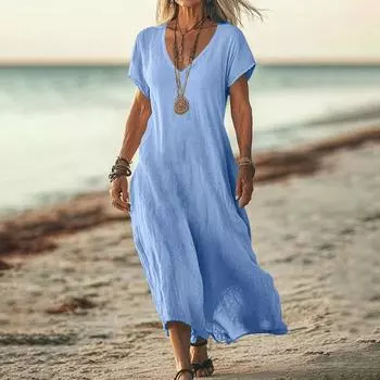 Модное женское однотонное платье с V-образным вырезом, длинное, свободное L