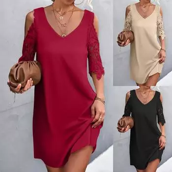 Модное женское однотонное платье с v-образным вырезом и открытыми плечами, повседневное свободное платье L чёрный