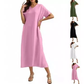 Модное женское однотонное платье с V-образным вырезом, длинное, свободное L армия зеленый