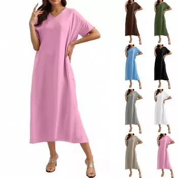 Модное женское однотонное платье с V-образным вырезом, длинное, свободное L синий