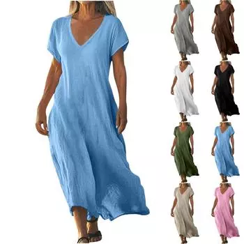 Модное женское однотонное платье с V-образным вырезом, длинное, свободное L синий