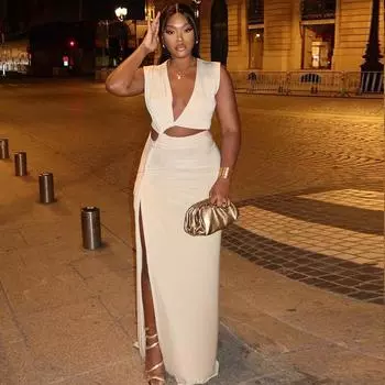 Модное женское однотонное платье в европейском и американском стиле с косым V-образным вырезом, открытым одним плечом, без рукавов, юбкой с нерегулярным разрезом L чёрный