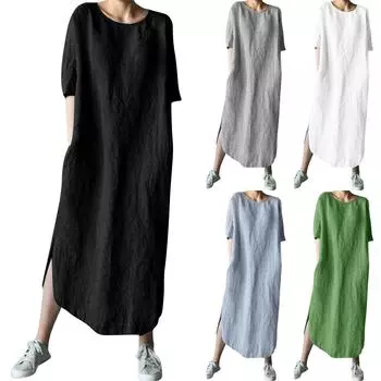 Модное женское однотонное повседневное платье из хлопка и льна с длинным рукавом и круглым вырезом XXL чёрный