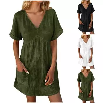 Модное женское однотонное повседневное платье-пуловер с V-образным вырезом и короткими рукавами M чёрный