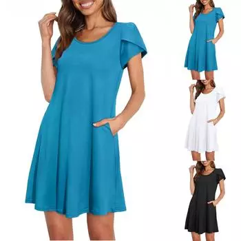 Модное женское однотонное повседневное платье с круглым вырезом и карманами с цветочным принтом L чёрный