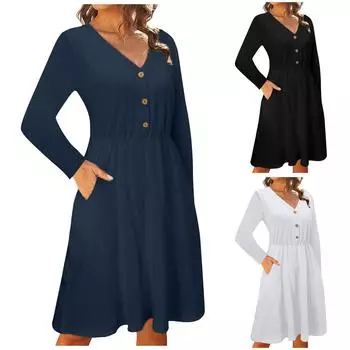 Модное женское однотонное повседневное платье с v-образным вырезом и длинными рукавами L тёмно-синий