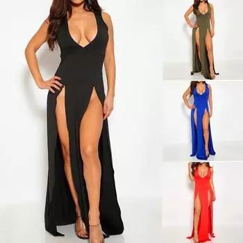 Модное женское однотонное сексуальное длинное платье без рукавов с v-образным вырезом и открытой вилкой для ночного клуба S красный