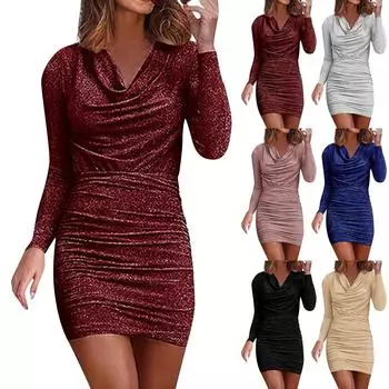 Модное женское однотонное вечернее платье с блестящим ворсом и длинными рукавами, облегающее платье L чёрный