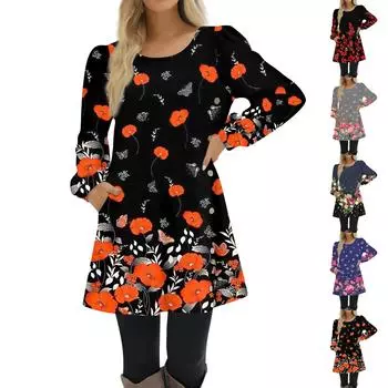 Модное женское осеннее платье с цветочным принтом и длинным рукавом, повседневное свободное платье M красный