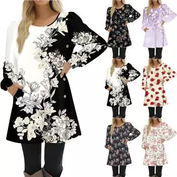 Модное женское осеннее платье с цветочным принтом и длинным рукавом, повседневное свободное платье L чёрный