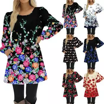 Модное женское осеннее платье с цветочным принтом и длинным рукавом, повседневное свободное платье XL чёрный