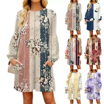 Модное женское осеннее полосатое повседневное свободное платье с длинным рукавом и принтом XXL