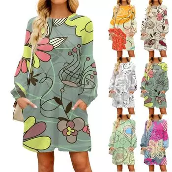 Модное женское осеннее повседневное свободное платье с длинным рукавом и цветочным принтом XXXL жёлтый