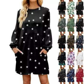 Модное женское осеннее повседневное свободное платье с цветочным принтом и длинным рукавом XXL чёрный