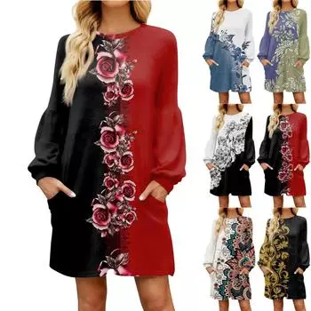 Модное женское осеннее повседневное свободное платье с цветочным принтом и длинным рукавом M синий