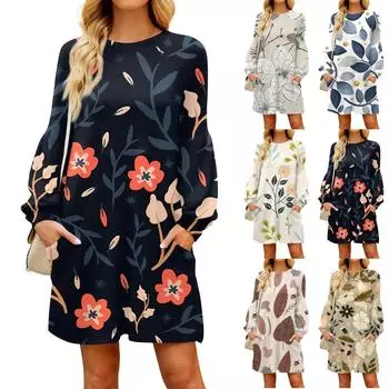 Модное женское осеннее повседневное свободное платье с длинным рукавом и цветочным принтом XXL хаки
