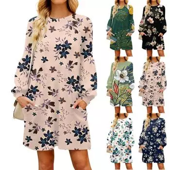 Модное женское осеннее повседневное свободное платье с длинным рукавом и цветочным принтом XXL белый