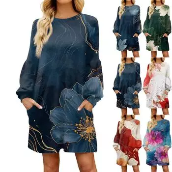 Модное женское осеннее повседневное свободное платье с цветочным принтом и длинным рукавом XXXL