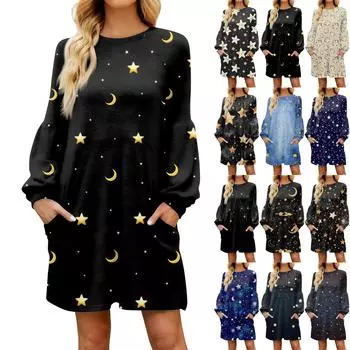Модное женское осеннее повседневное свободное платье со звездным принтом и длинными рукавами XL чёрный