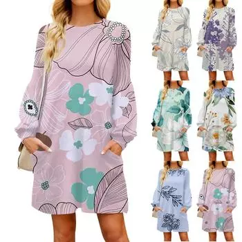 Модное женское осеннее повседневное свободное платье с длинным рукавом и цветочным принтом XXXL зелёный