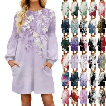 Модное женское осеннее повседневное свободное платье с цветочным принтом и длинным рукавом XXXL